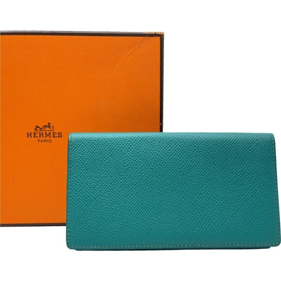 Auth HERMES Smart Classic Case Epsom Blue Paon X Stamp Card Holder - Picture 1 of 16